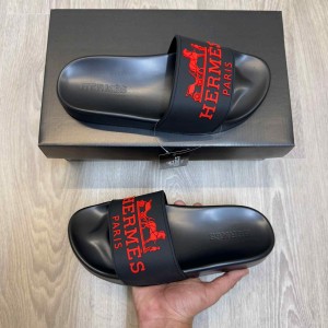 Hermes Paris Embossed Logo Black Red Pool Slides