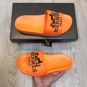 Hermes Paris Embossed Logo Orange Black Pool Slides