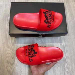 Hermes Paris Embossed Logo Red Black Pool Slides