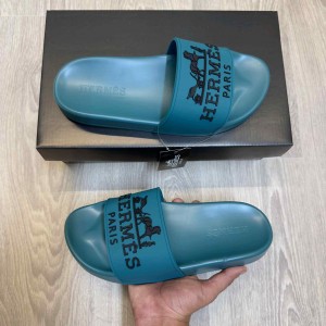 Hermes Paris Embossed Logo Teal Blue Black Pool Slides