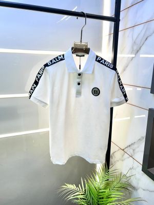 Balmai n Paris Metal Logo Imported Embossed Print White Collar Neck T-shirt F2832-WH