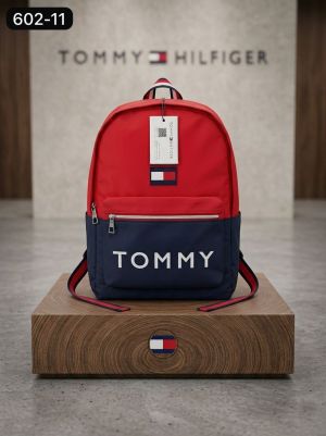 Tomm_y hilfiger red and navy blue colorblocked backpack with a white logo print 1005