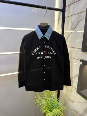 Tommy_Hilfiger Black Embroidery Print Premium Oxford Lycra Shirts F3194-BL