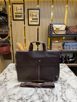 Mont Blanc Executive Textured Panel Flap Leather Laptop Bag With Strap (3301-5A) (Coffee)