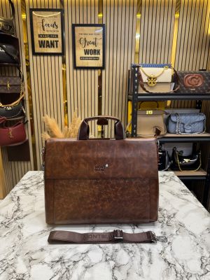 Mont Blanc Executive Textured Panel Flap Leather Laptop Bag With Strap (3301-9A) (Brown)