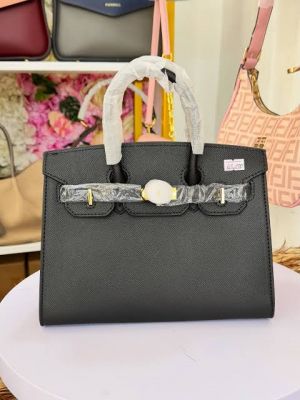 Herme_s Birkin Style 25 Pebbled Leather Tote Bag With Magnetic Box And Dust Bag (Black) (3031)