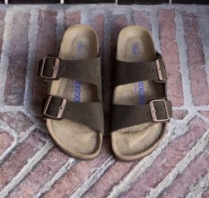 Birkenstock Arizona Brown suede with sole branding fix