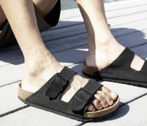 Birkenstock Arizona Black suede with sole branding fix