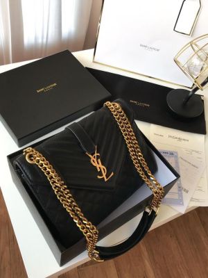 YSL SAINT LAURENT Grain De Poudre Matelasse Chevron Medium Monogram Satchel Black with box 6284