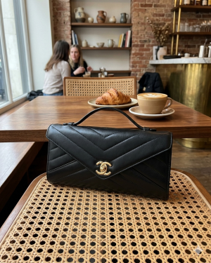 Chanel_chevron-quilted leather wallet on chain with original box 