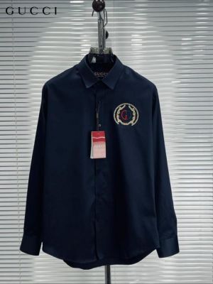 Gucc_i GG Embroidered Navy Blue Imported Very Premium Cotton Partywear Shirt With Og Box And Bag (DN 516)