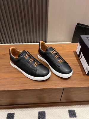 Zegna Black Deer Skin Grained Leather Triple Stitch