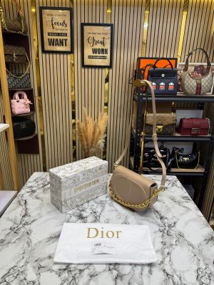 Christian Dio_r Signature Leather Saddle Shoulder Bag With Gold Chain (White)