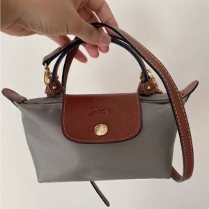 Long Champ Grey LePilage Mini Crossbody Bag With ZipLock Bag & Crossbody Belt