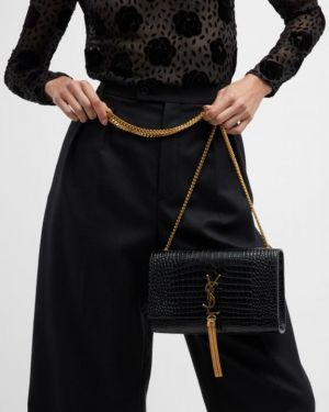 Yves SAINT LAURENT KATE TASSEL SHOULDER BAG MEDIUM BLACK CROC-EMBOSSED LEATHER with box 868