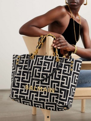 Balmain_1945 embellished leather-trimmed cotton-blend jacquard tote with dust cover