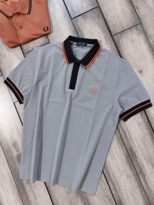 Fred Perr y Grey Premium Cotton Pique fabric Polo Tshirt with Sleeves Design and Embroidered Logo 4235