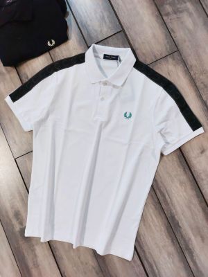 Fred Perr y White Premium Cotton Pique fabric Polo Tshirt with Shoulder Design and Embroidered Logo 4233