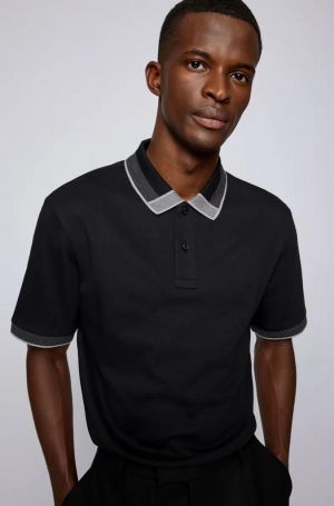 Hugo Bos s Black Premium Imported 240 GSM Interlock Yarn Fabric Polo Tshirt with Collar Design and Emboss Logo 4252