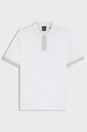 Hugo Bos s White Premium Imported 240 GSM Interlock Yarn Fabric Polo Tshirt with Collar Design and Emboss Logo 4255