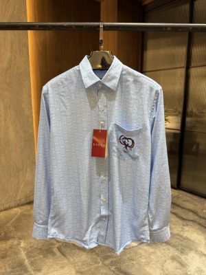 SALE GUCC_I GG SKY BLUE MONOGRAM FULL PRINTED LIGHTWEIGHT SHIRT