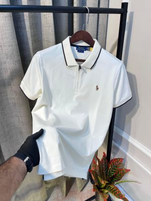 Ralp_h Lauren Polo Cream White Half Zipped Embroidery Logo Extra Premium T-Shirt(1054)