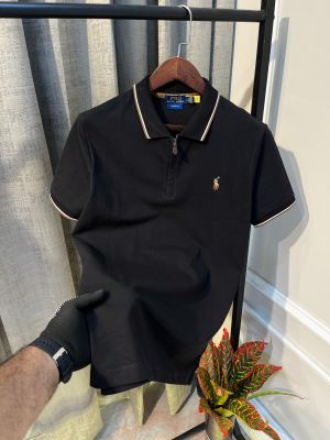 Ralp_h Lauren Polo Black Half Zipped Embroidery Logo Extra Premium T-Shirt(1057)