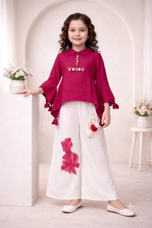 Girls Fuchsia Pink Top with White Printed Palazzo Set