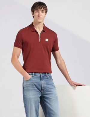 Calvin Klei n Brown Premium 240gsm interlock cotton lycra fabric Polo Tshirt with  patch logo and Zip Style 4288
