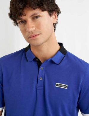 Calvin Klei n Blue Premium 240gsm interlock cotton lycra fabric Polo Tshirt with Collar&Sleeves Design and Patch logo 4290