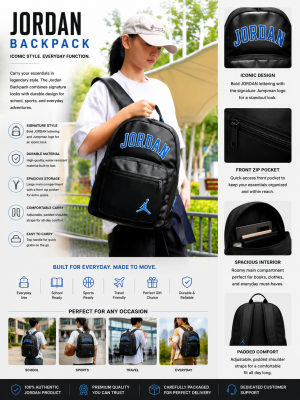 AIR JORDAN VARSITY BLACKBLUE BAGPACK LETTERING THE JUMPAN LOGO PREMIUM