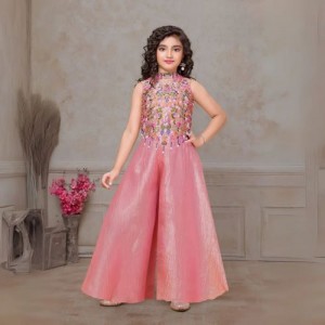 Peach Girls Palazzo Set with Embroidered Top