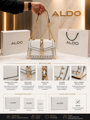 ALD.O WHITE STRUCTURED SILHOUETTE PREMIUM HAND BAG WITH OG BOX PACKING
