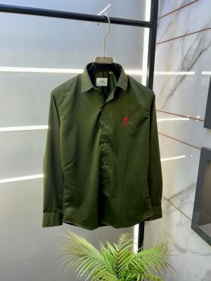 Ami Logo Olive Premium Shirt With Brand Box Packing F3580-OL