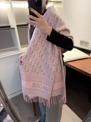 Christian_Dio.r_Oblique_Wool_Shawl_Scarf_Baby_Pink_Grey_With_OG_Box_&_Carry_Bag