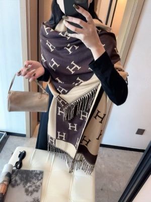 Herme.s_Classic_H_Monogram_Coffee_Cream_Cotton_Pashmina_With_OG_Box_With_Carry_Bag