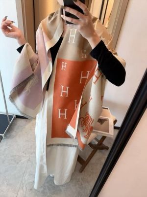Herme.s_Classic_H_Logo_Block_With_Horse_Motif_Orange_Beige_Mauve_Wool_Shawl_Scarf_With_OG_Box_With_Carry_Bag