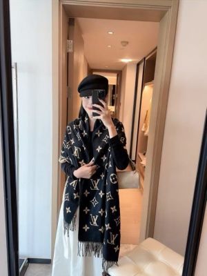 Loui.s_Vuitton_Classic_Monogram_Logo_Black_Gold_Wool_Shawl_Scarf_With_OG_Box_With_Carry_Bag