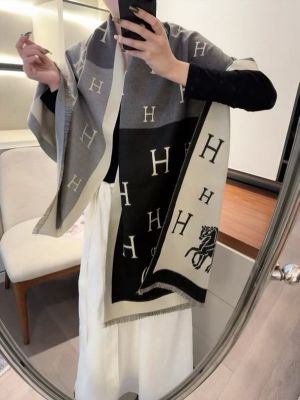 Herme.s_Classic_H_Logo_Block_With_Horse_Motif_Black_Dark_Grey_Cream_Wool_Shawl_Scarf_With_OG_Box_With_Carry_Bag