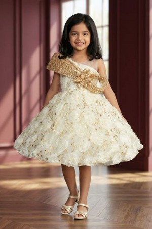 Girls Cream Floral Party Frock With 3D Rosette Work And Statement Bow