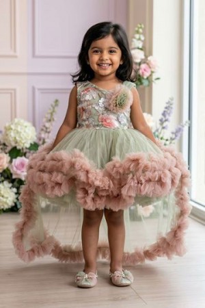 Girls Sage Green And Blush Pink Floral Party Frock With Ruffle High Low Hem