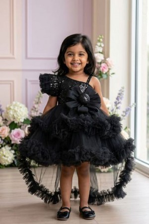 Black One Shoulder Sequin Party Frock With Layered Tulle For Girls