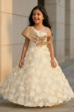 Cream Party Wear Gown With Floral Appliqu For Girls