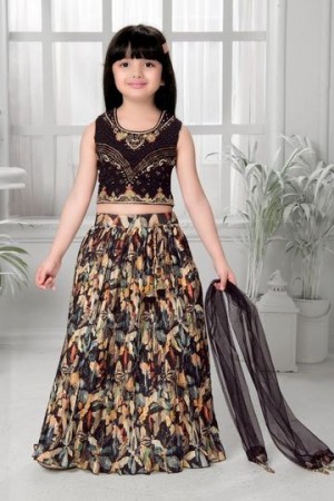 Elegant Black Multicolor Printed Embroidered Kids Lehenga Set