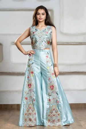 Aqua Blue Heavy Embroidered Crop Top With Flowing Palazzo For Girls