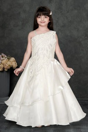 White Layered Organza Party Gown With Asymmetric Sequin Embroidery For Girls