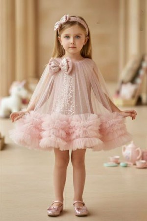 Peach Sequin Cape Style Party Frock For
