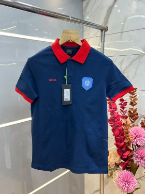 Hugo Bos s Ink Blue Premium Imported 240 GSM Interlock Yarn Fabric Polo Tshirt with Collar & Front Design and Emboss Logo 4253