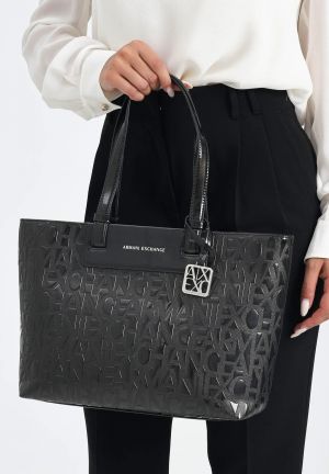 A_rmani Exchange Liz shopper tote bag featuring a distinctively embossed all-over brand logo pattern on a glossy coated exterior Bag With Box premium quality