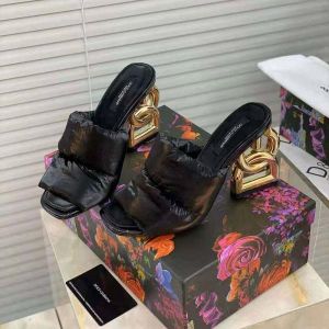 Dol_ce & Gabbana D&G High Heel Gold Clothes Sandals With OG Box & Carry Bag (Black - 1047)